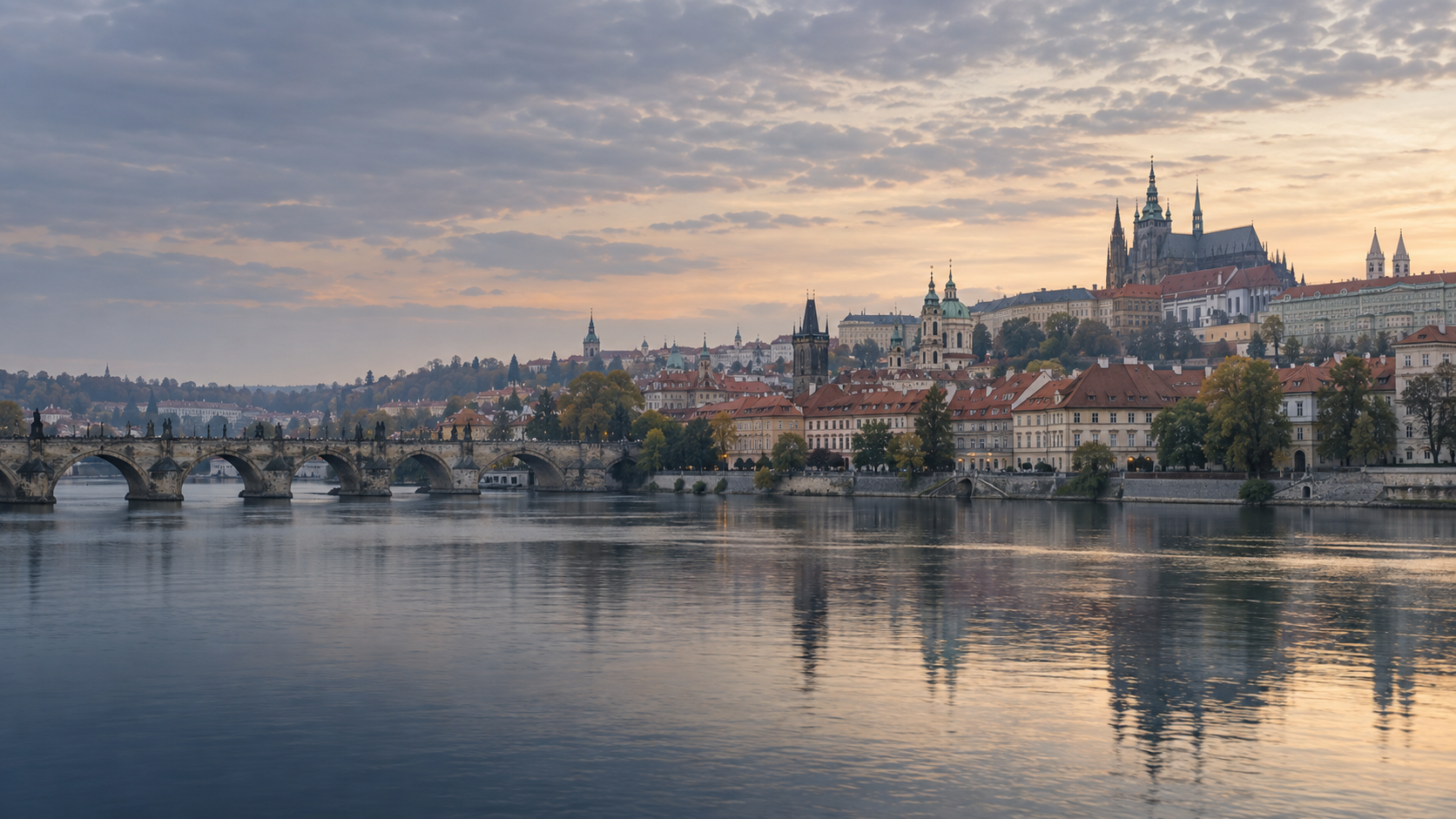An atmospheric view of Prague across the river